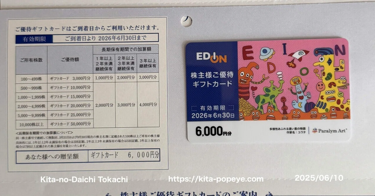 株主優待拡充】エディオン（2730）株主様ご優待ギフトカード6000円 