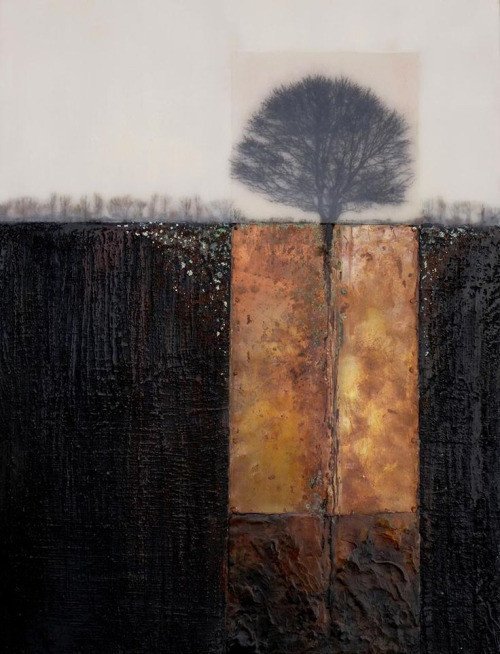 Beneath The Surface ~ artist Erna de Vries. Encaustic, copper and photo transfer, 12x16 inches