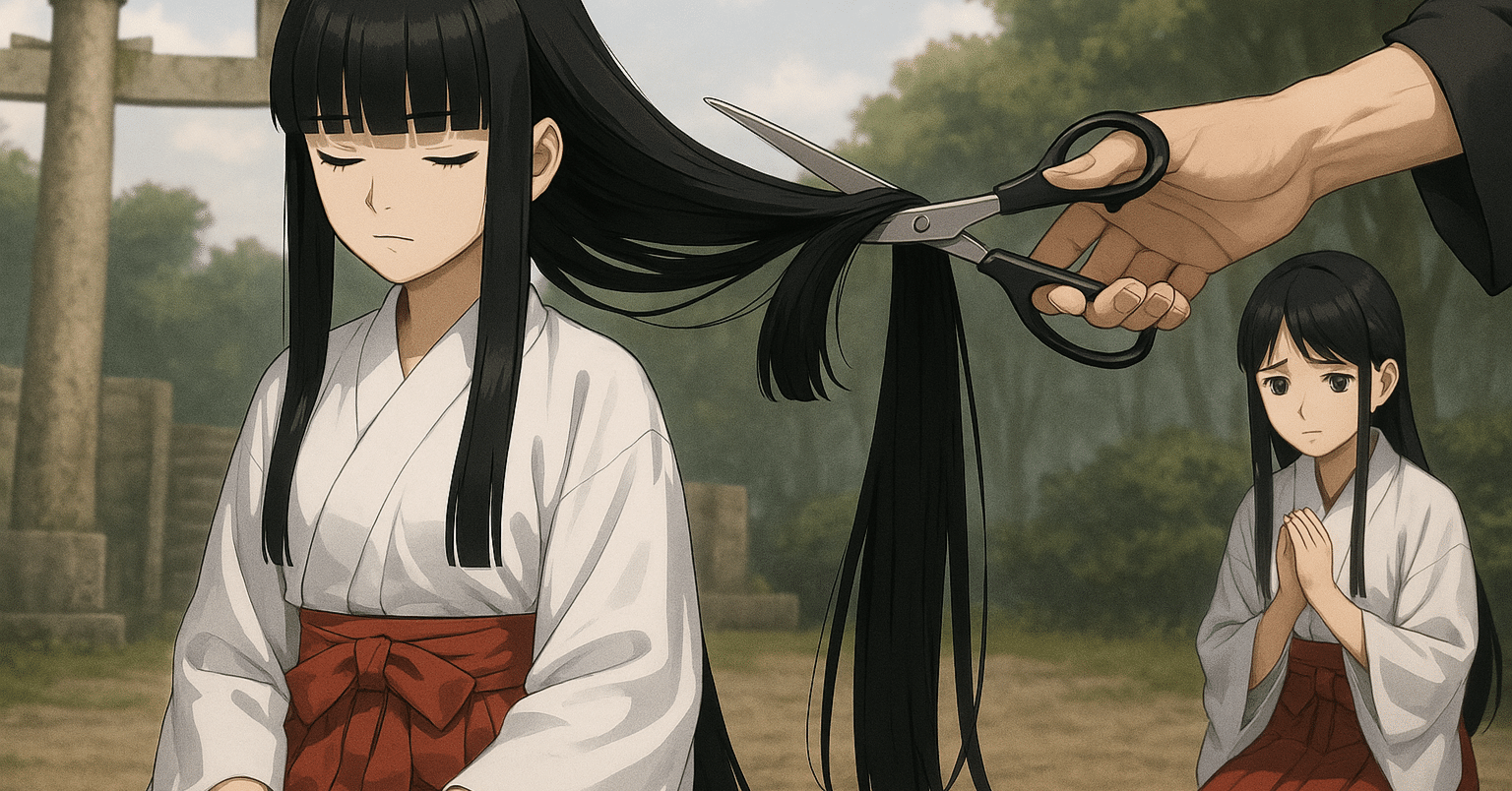 断髪小説】入れ替わりカット（9）神切谷編①巫女の姉妹｜imestojp