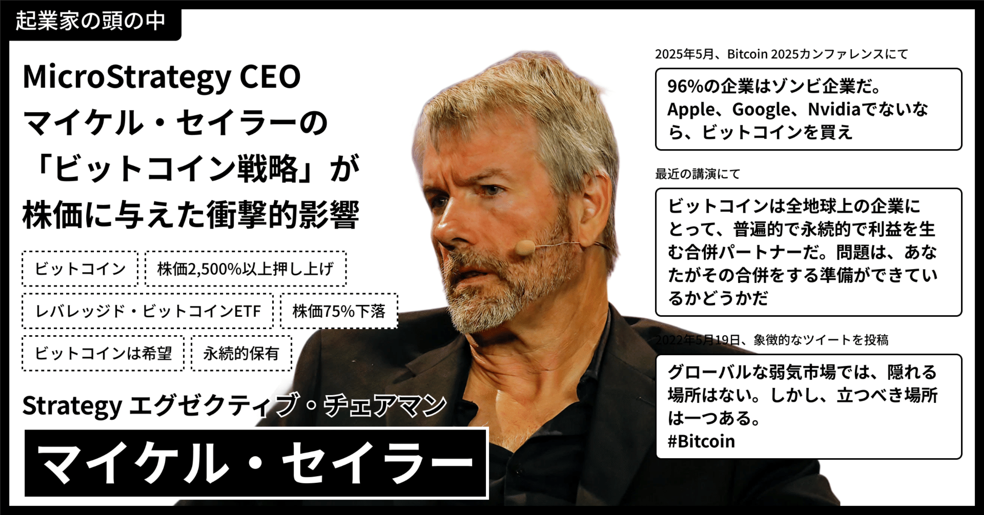 起業家の頭の中から市場を読み解く】Strategy CEO マイケル・セイラーの「ビットコイン 戦略」が株価に与えた衝撃的影響｜起業家の頭の中がわかるようになるnote
