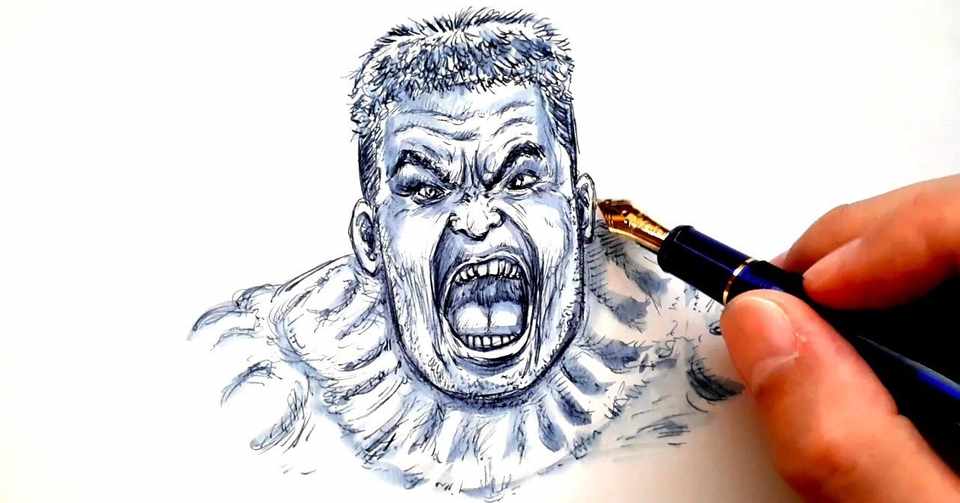 イラスト 映画 アベンジャーズ の ハルク を万年筆と水筆ペンで描いてみた Drawing The Hulk With Fountain Pen And Water Brush Pen 鼻毛山 真一 Note
