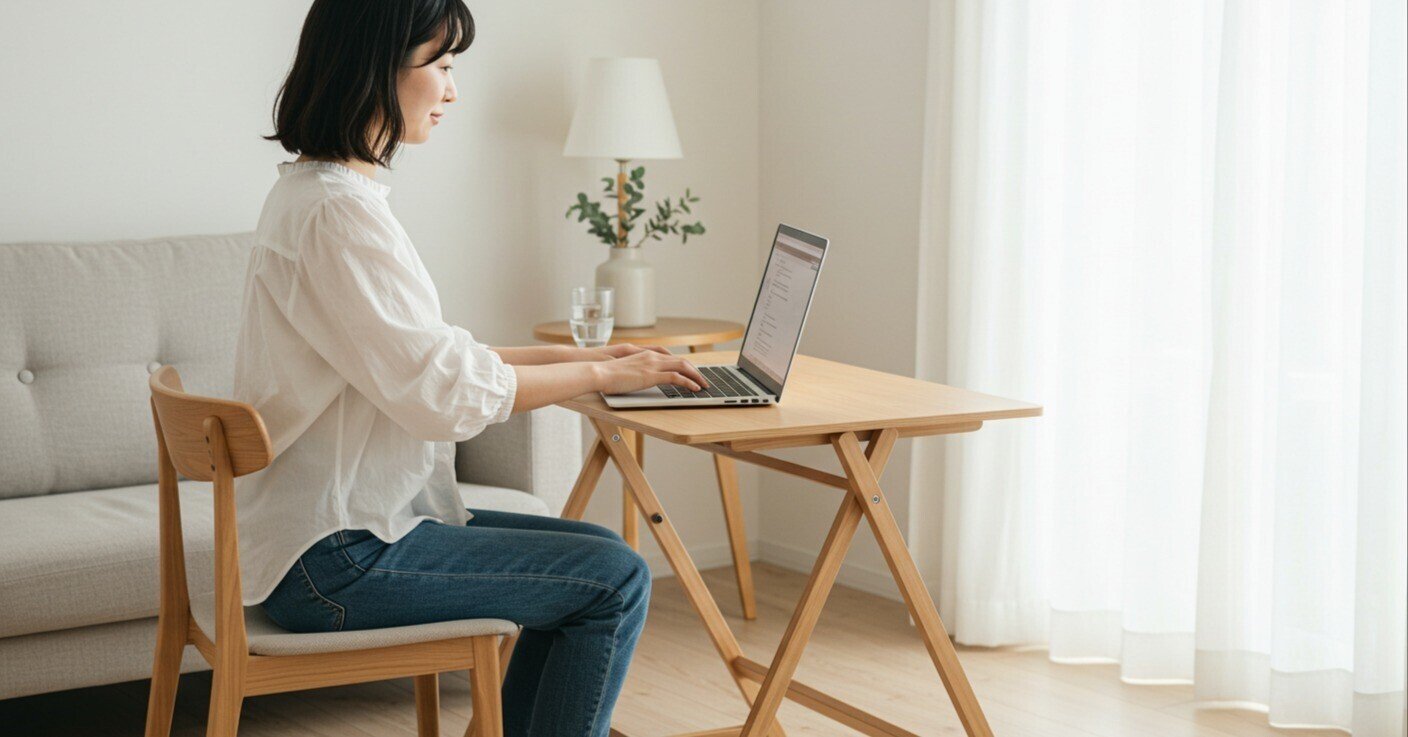 52歳おじさんの本音】無印良品の折りたたみデスク、ノートPC作業の 52歳おじさんの本音】無印良品の折りたたみデスク、ノートPC作業の