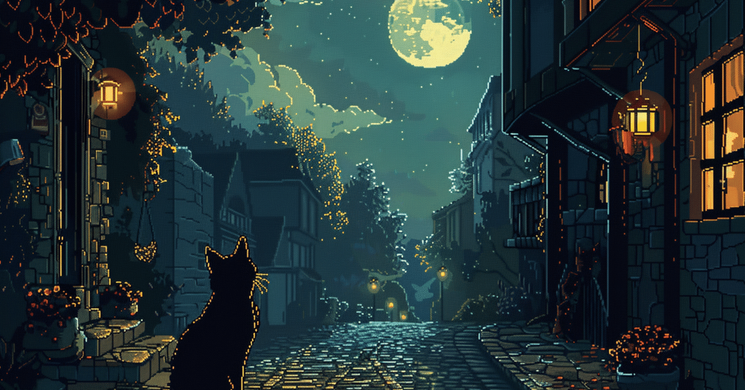静かな夜道で、満月を見上げる黒猫のピクセルアート【MidJourney