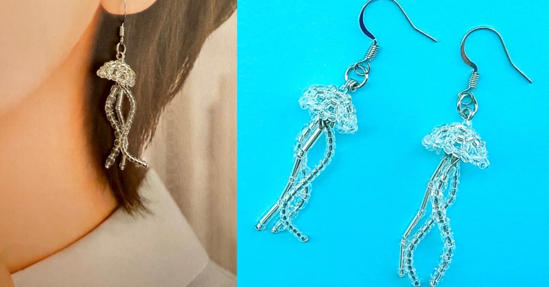 Jellyfish-style earrings made with seed beads｜ビーズドールHARU