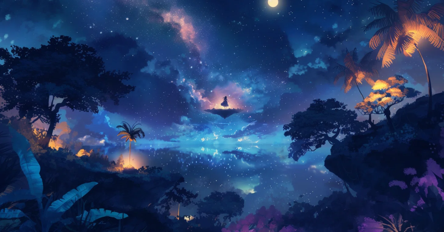星屑をまとった少女が、宙に浮かぶ孤島で夜空と一体になる幻想風景 星屑をまとった少女が、宙に浮かぶ孤島で夜空と一体になる幻想風景
