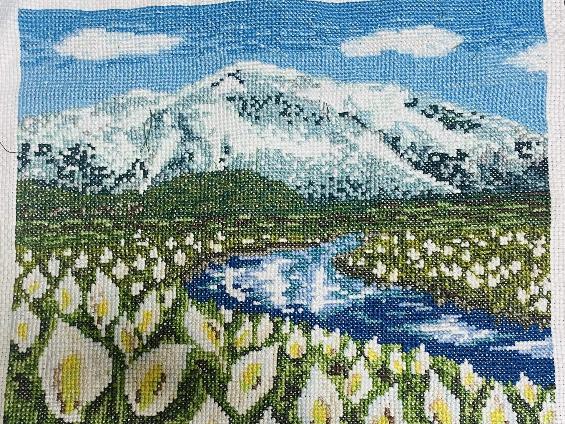 1年前から続けてきた刺繍。完成し額装。 雪の残る山並みを背負い