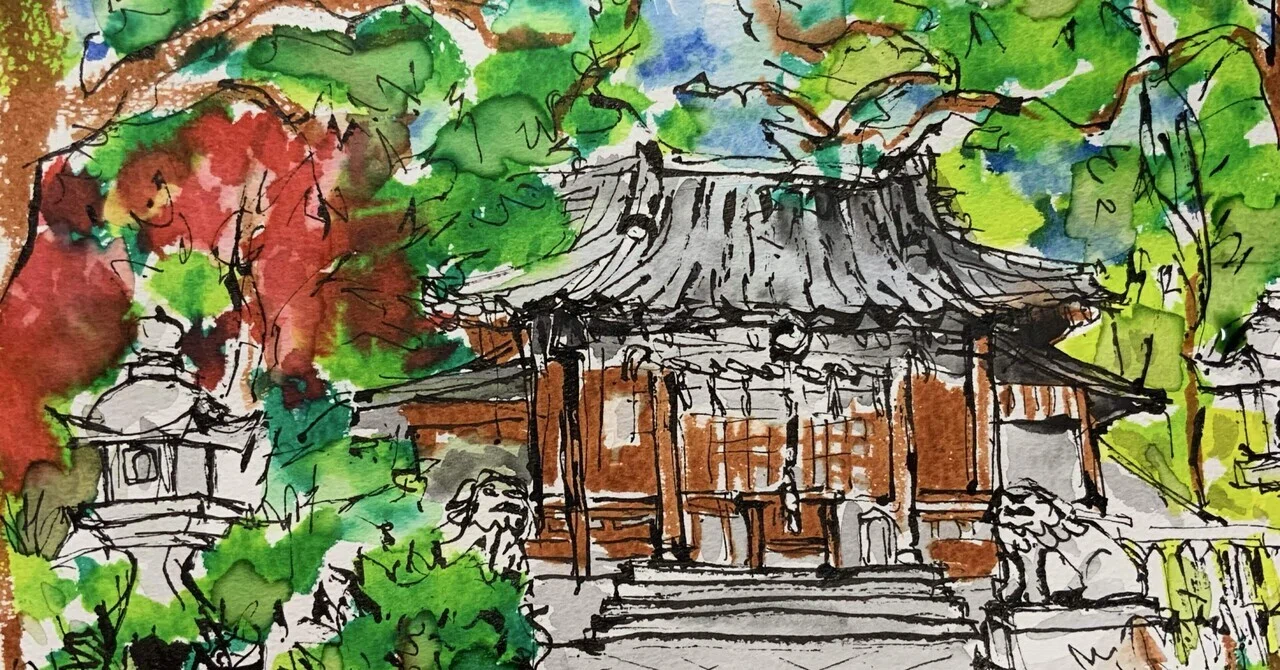 油彩スケッチ『小網神社』 スケッチ 神社｜樹