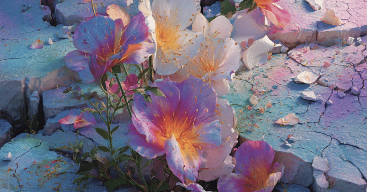 花に変える — 崩れた世界に咲くものたち【AIアート】｜Emmy（ツバメ）