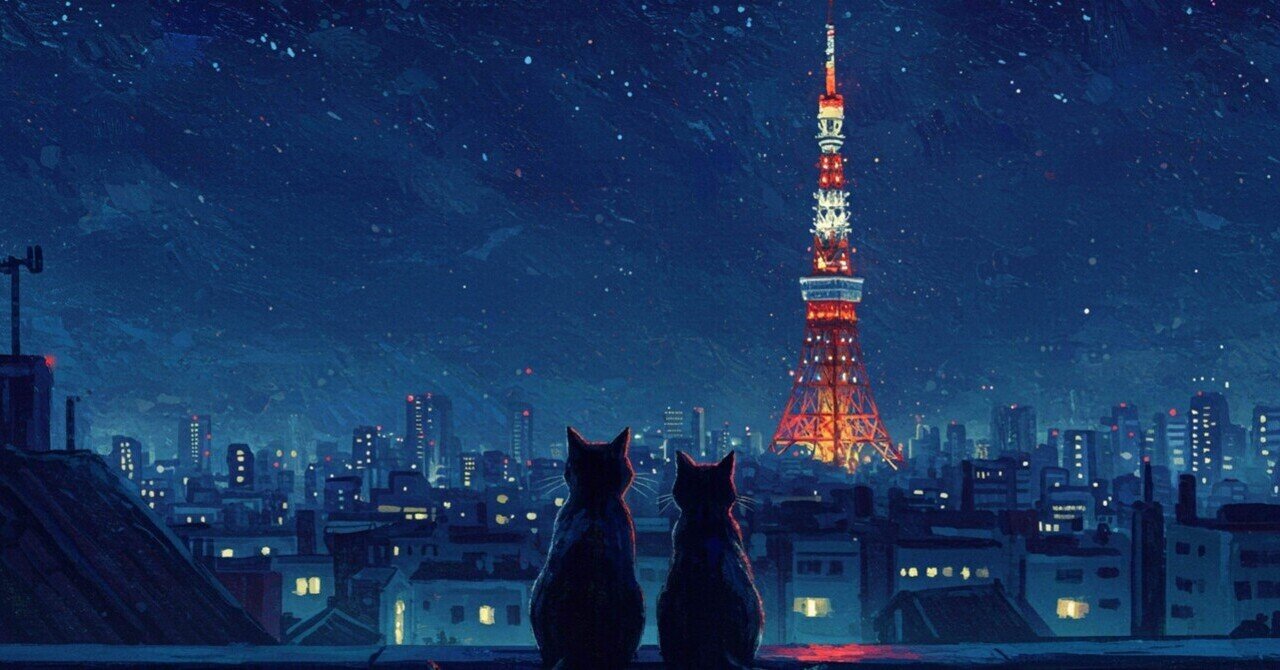 肉質画　風景画 画像生成AI】東京タワーに焦がれる黒猫たち〜融合画風｜蟒蛇 来