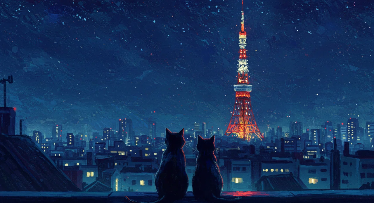 画像生成AI】東京タワーに焦がれる黒猫たち〜融合画風｜蟒蛇 来都