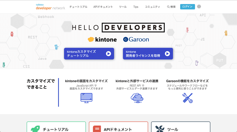 cybozu developer networkでアカウント登録を行うには画面右上にあるログインをクリック