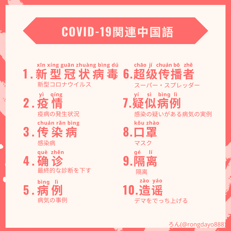 新型コロナウイルス Covid 19 の中国語関連単語10選 発音 拼音 例文付き ろん 日中英で中国情報 Note