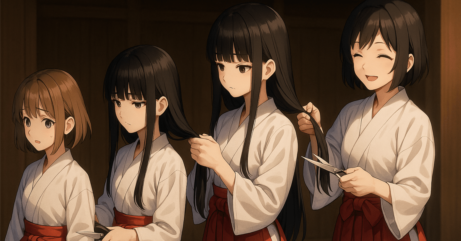 断髪小説】入れ替わりカット（14）神切谷編⑥村人全員の断髪式｜imestojp