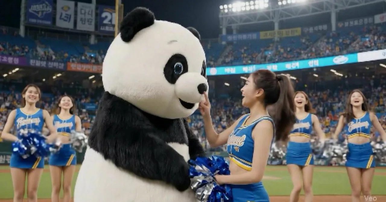 ぎこちないパンダ、韓国野球チアリーダーと心温まるハプニング An awkward panda and a Korean baseball ...
