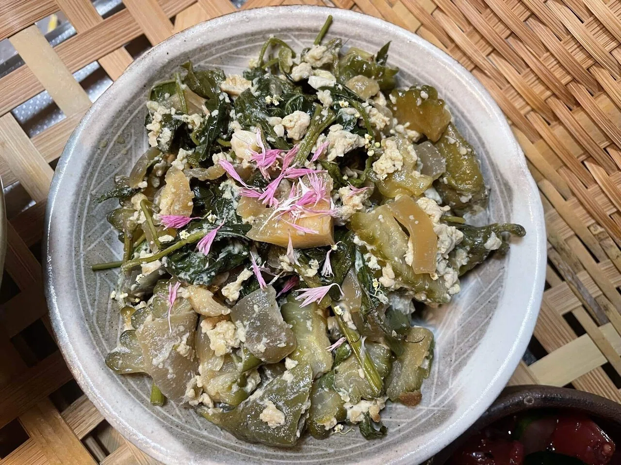 Steamed white eggplant and purple potatoes with sake lees sauce ...
