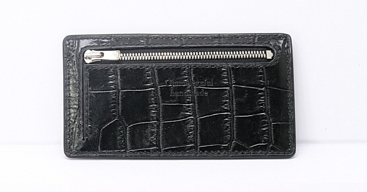 【ハンドメイド】本革　ミニフラグメントケース75×135　クロコ型押しブラック レザークラフト作品379～ミニフラグメントケース札入付75×135
