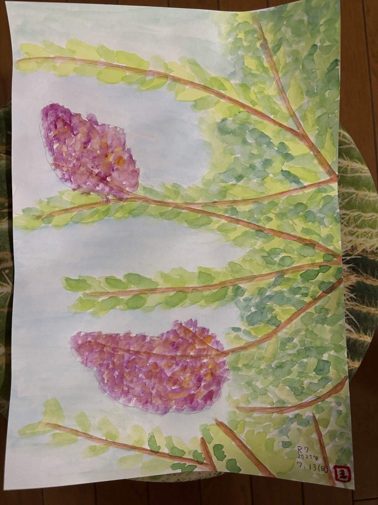 水彩画『百日紅』 水墨画（彩墨画）「百日紅」福田勝司筆 | 水墨画・達風 色彩の