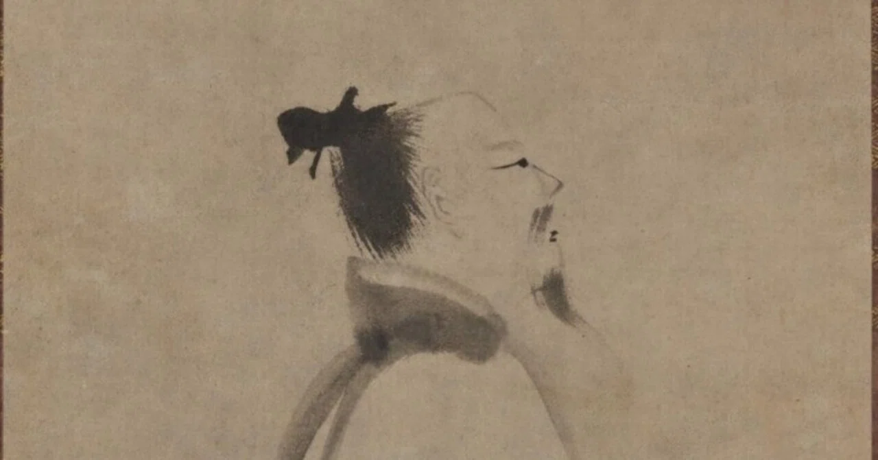 【真作】掛軸　川辺小憩図　水墨人物画　静寂の詩情　文人画風　淡墨人物図　V56 李白吟行図──最小限の筆が映す、夜の詩人｜ごんべnote