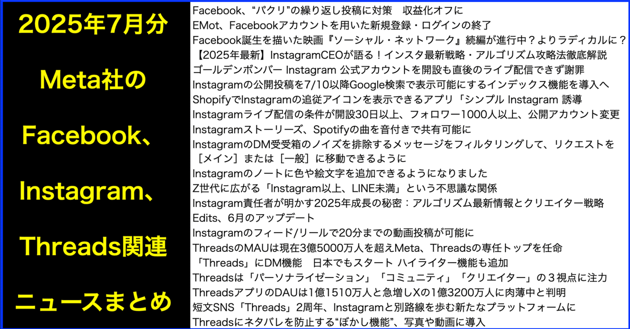 MetaのFacebook・Instagram・Threadsニュース(2025年7月分