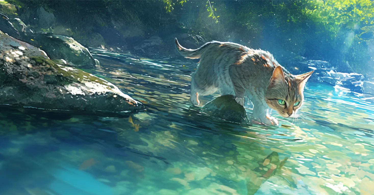 夏の1コマ、猫の狩り【AI画像】｜灰猫つづり