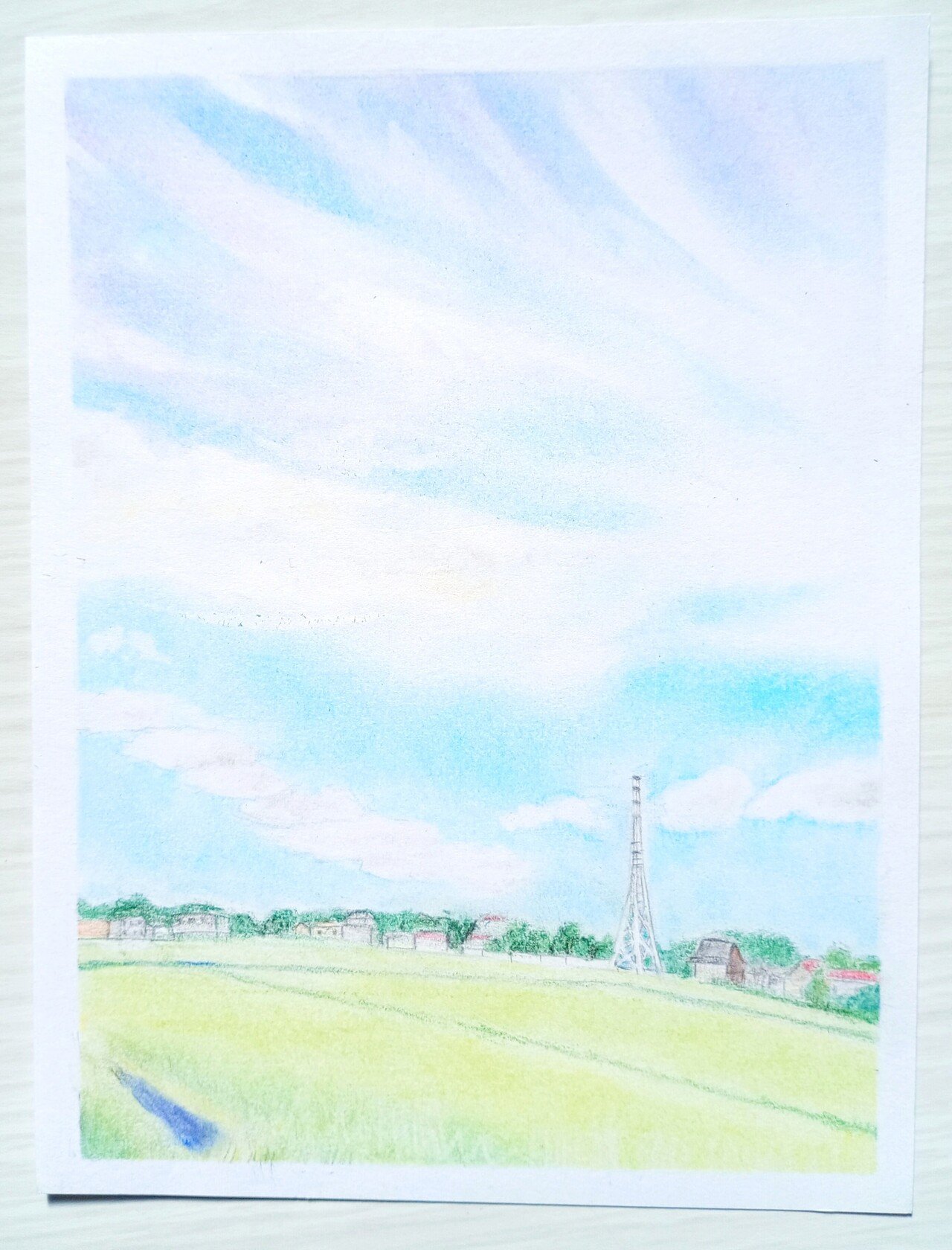 ソフトパステルで風景画の練習をしました。田んぼを見ると懐かしい