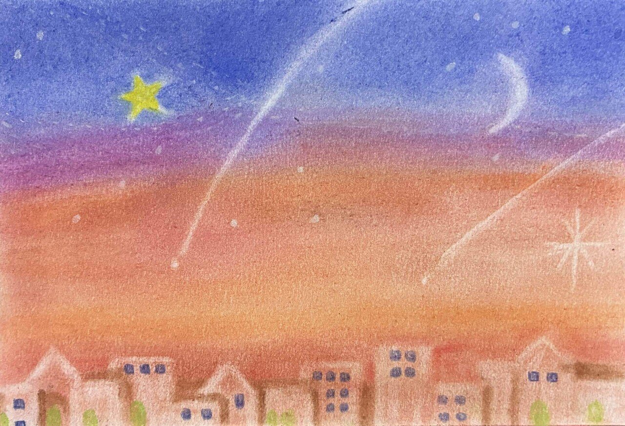 パステル画（原画）夕暮れの街。 パステル画（原画）夕暮れの街。