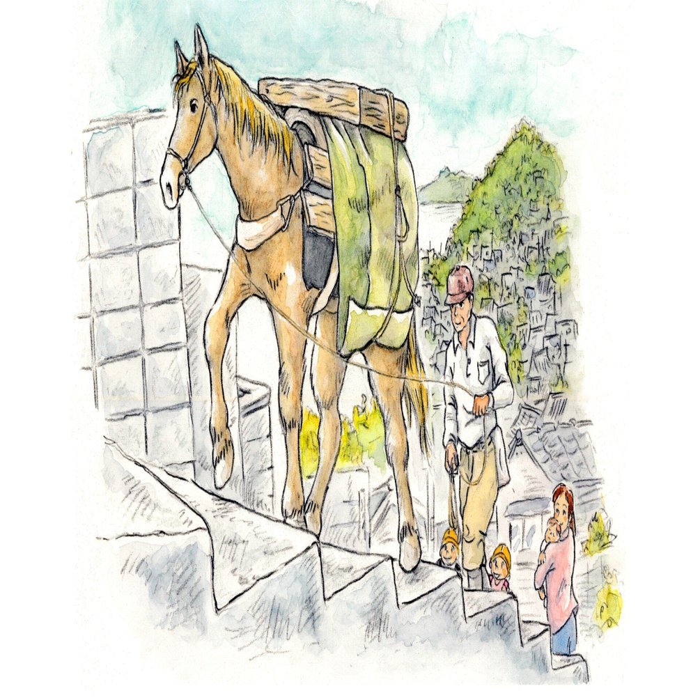 水彩「坂の街の荷運び馬」｜江島 達也／対州屋