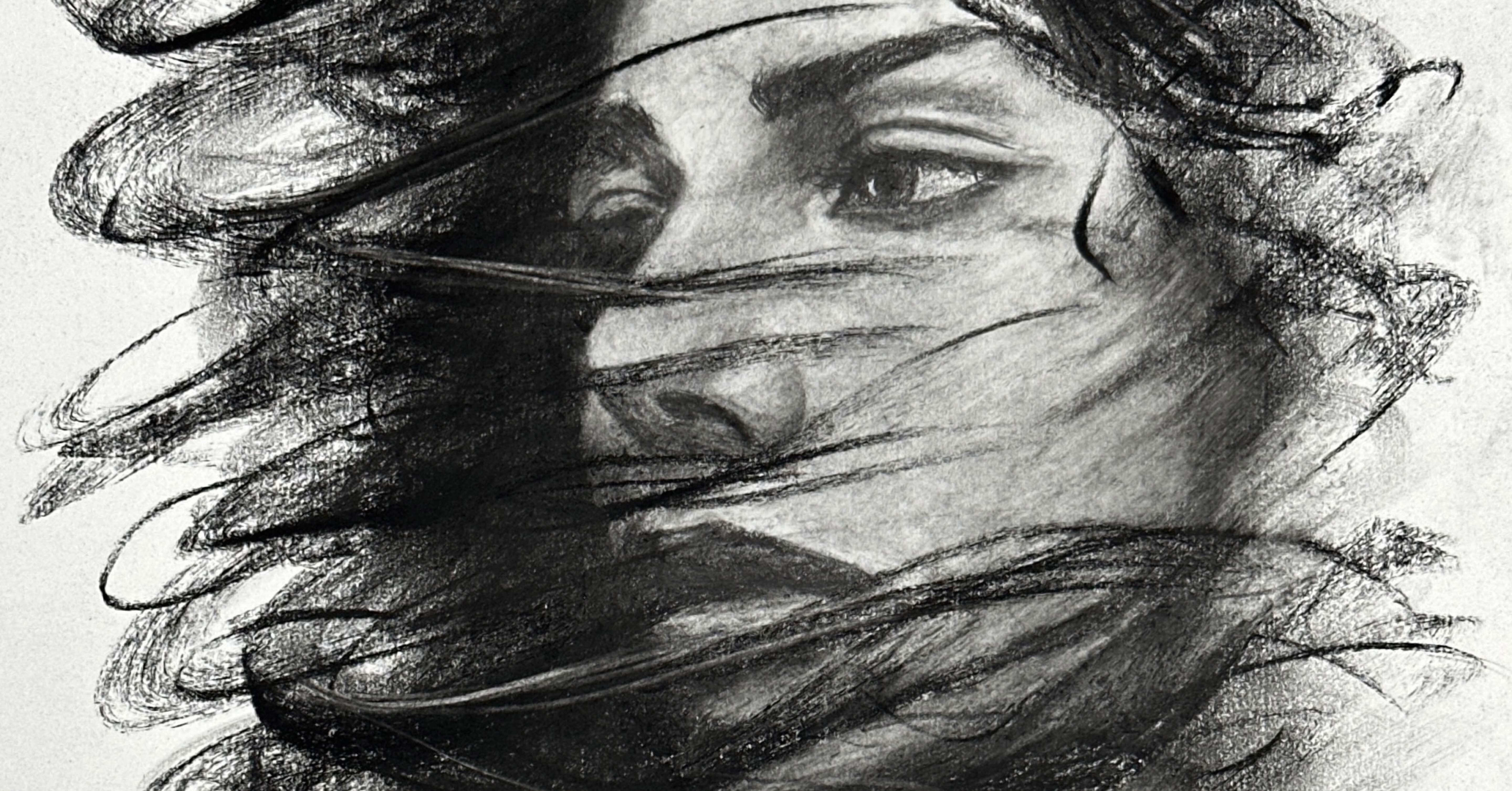 抽象的な女性の後ろ姿 木炭画 今月描いた絵まとめ。木炭画を描き始めて半年の振り返り。｜ryosuke