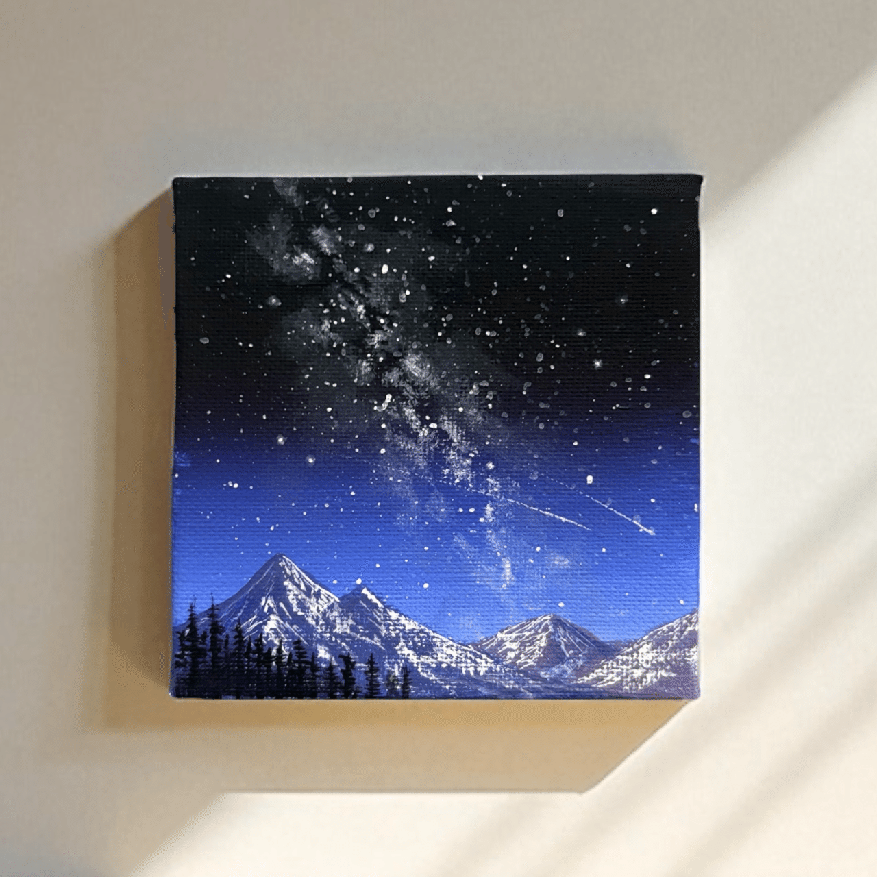 🌌100均の絵の具5色で描く、癒しの星空と山の絵【ミニキャンバス