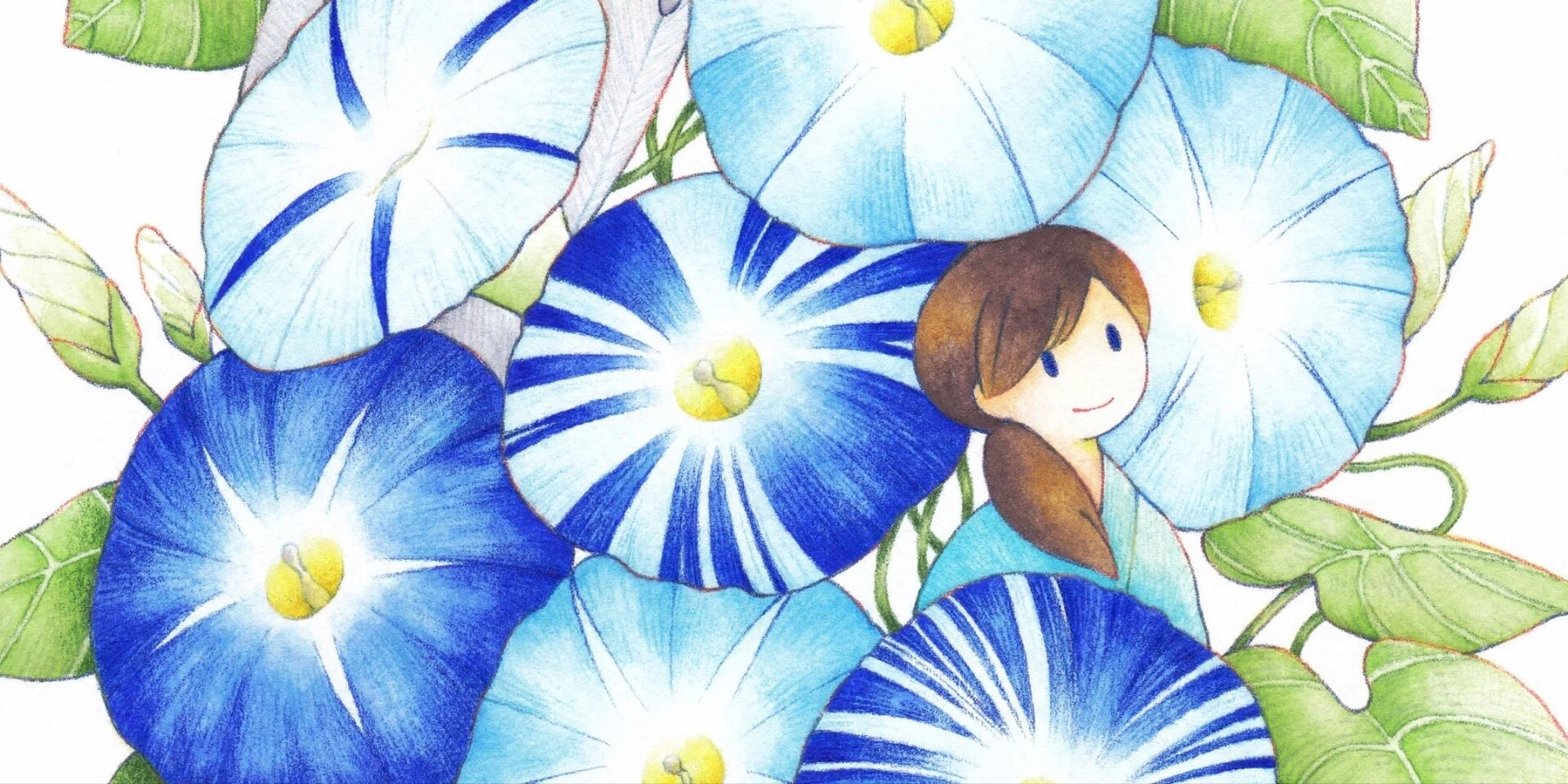 色鉛筆画A4瑠璃の瞳と朝顔 朝顔と女の子｜夏の一枚ができるまで｜梅村とよ｜水彩色鉛筆のイラスト