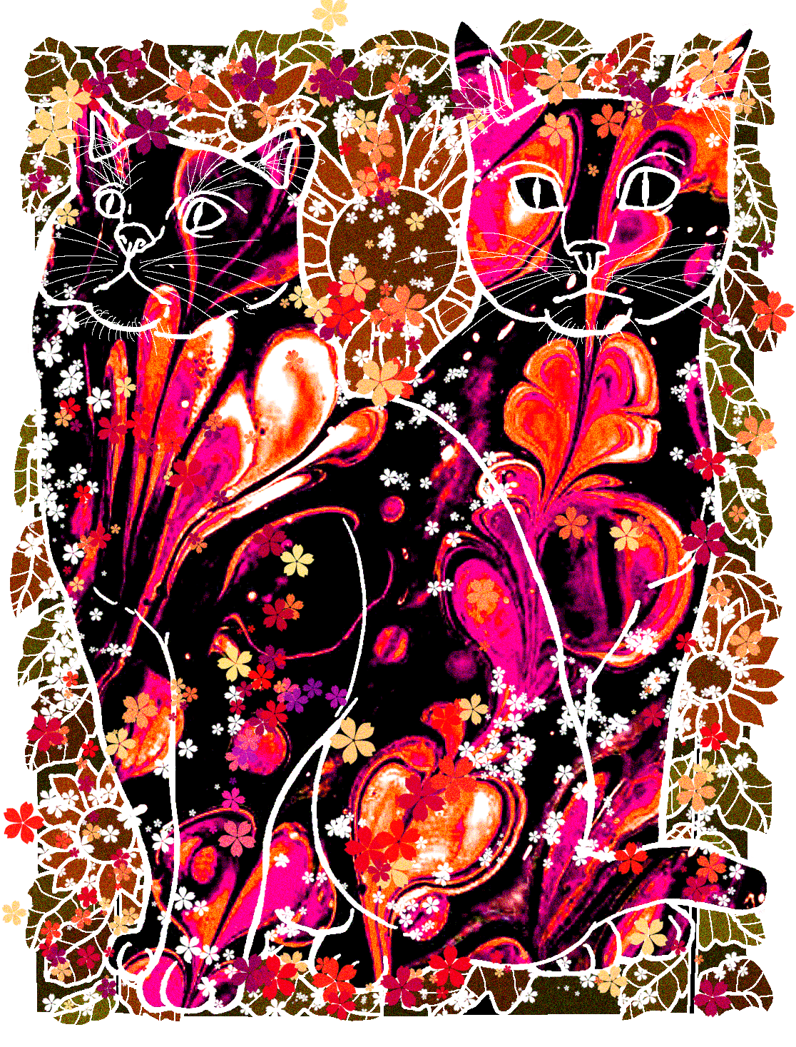 絵画。原画【二匹の猫が一緒にデートの道にきれいな星を探しに行きます】 絵画。原画【二匹の猫が一緒にデートの道にきれいな星を