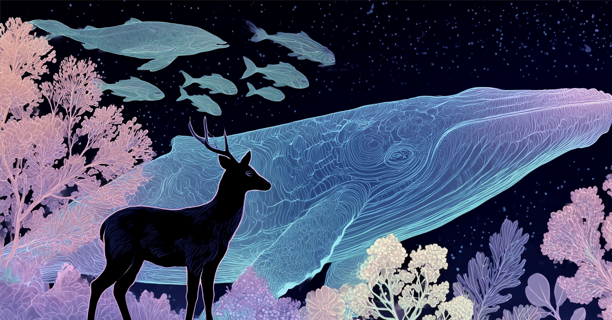 Midjourney v7 × ネオンラインアートで描く、幻想のクジラと花の