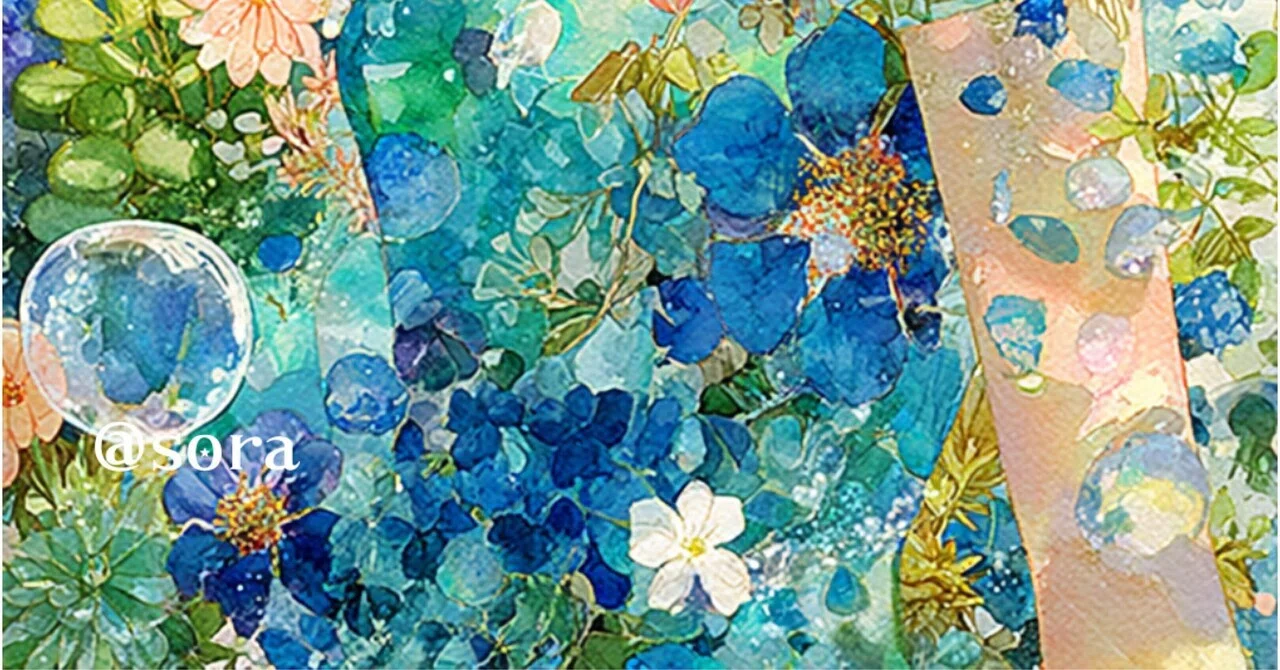 夏の青い花畑』で夢を見る｜藍空｜そら【AIアート & 幻想彩画アート】
