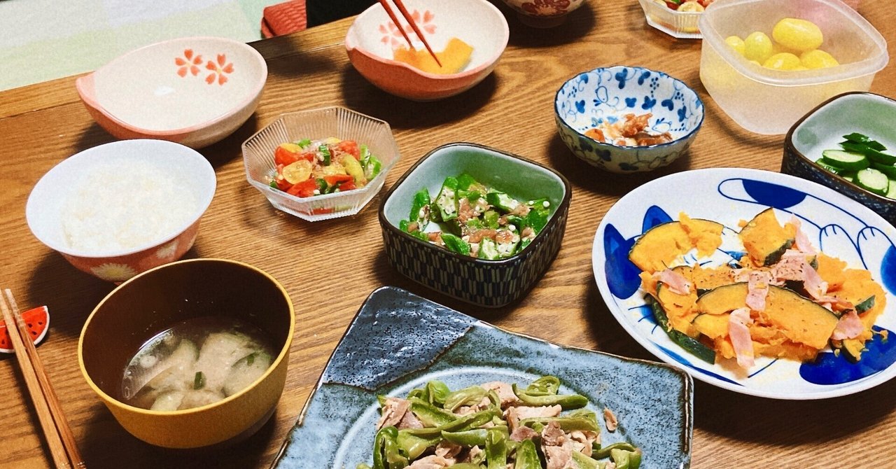 サボテンの花（白）／かぼちゃベーコン・オクラ2品・豚肉