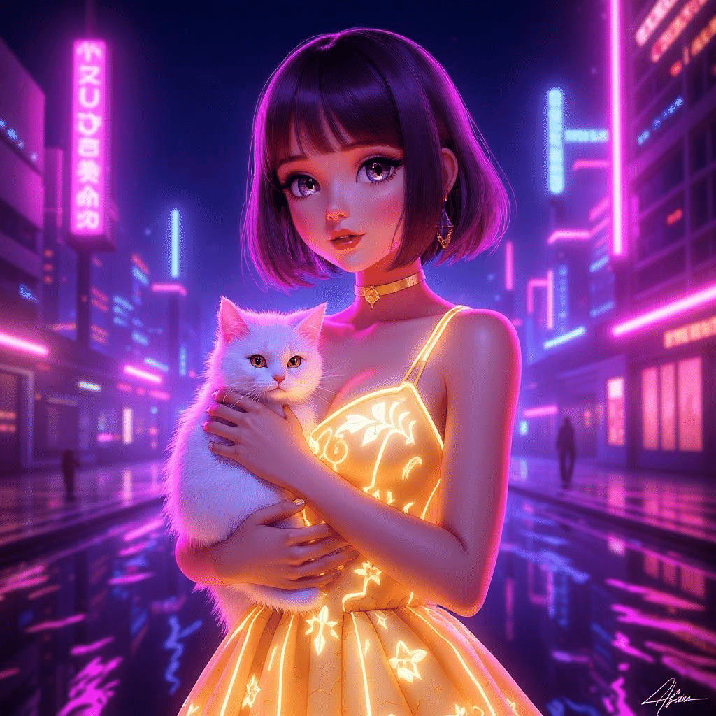 AI初心者🔰【光のドレスとネコと夜】｜aki