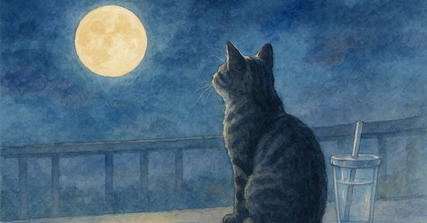 油絵 絵画 原画『月の魔法』 猫の油絵 満月の魔法