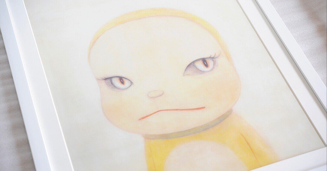 奈良美智の「ジャイアンにリボンをとられたドラミちゃん」を額装しま