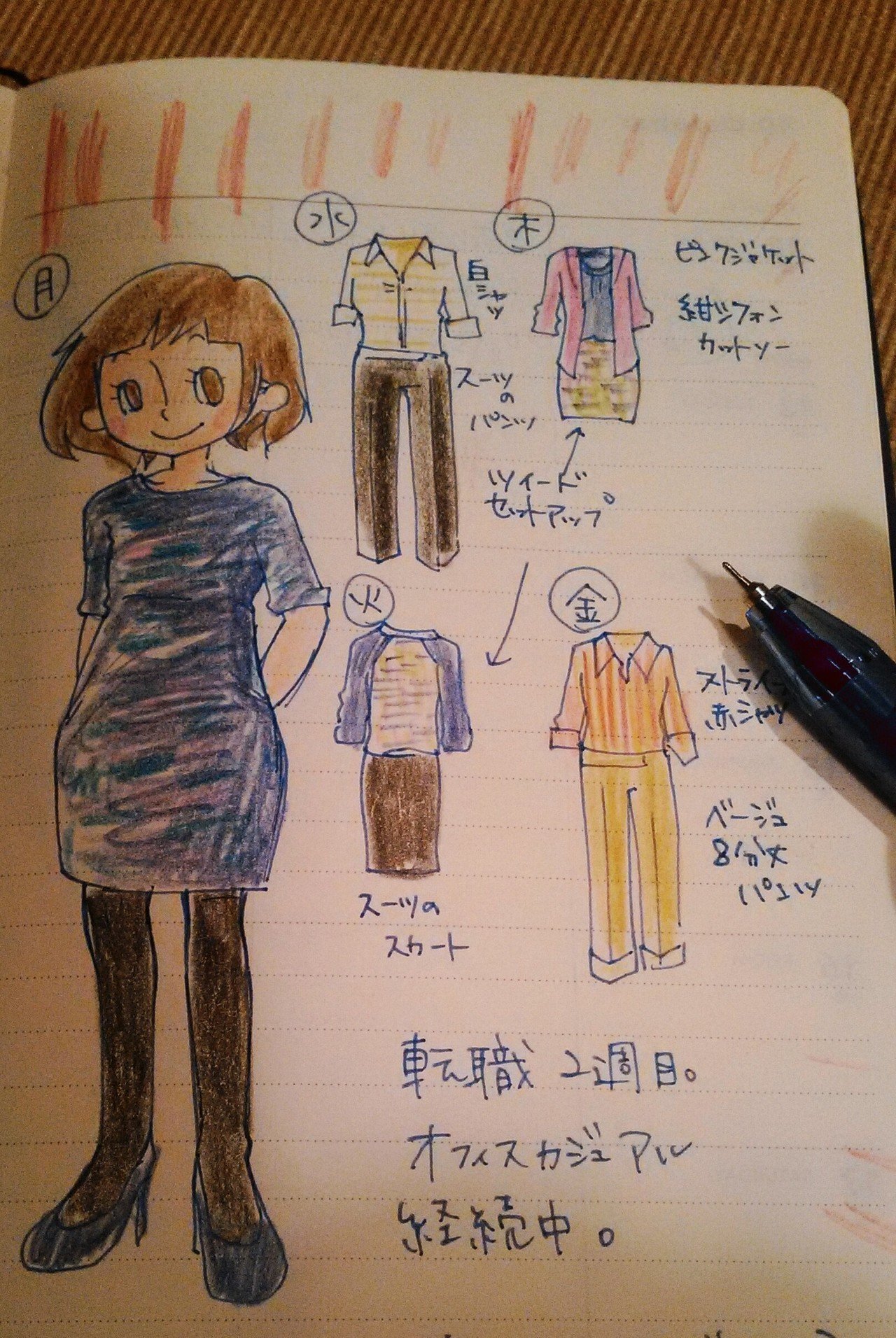 10月頭に転職いたしました 今までと変わらずドレスコードはゆるい感じですが 最初くらいはとオフィスカジュアルを頑張っております という証拠を手帳ににしたためました 山田あゆまる Note