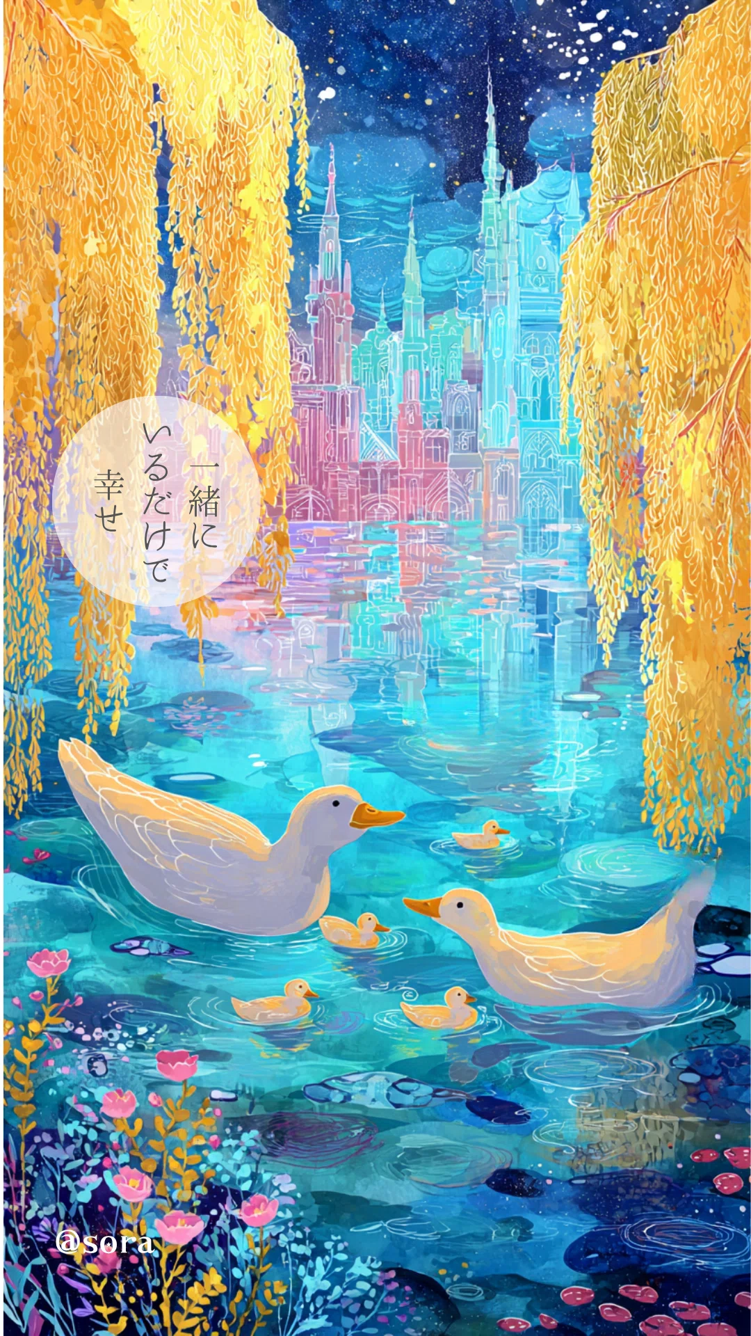 AIアートで描く幻想的な水辺の世界～アヒルの親子と魔法の城～｜藍空