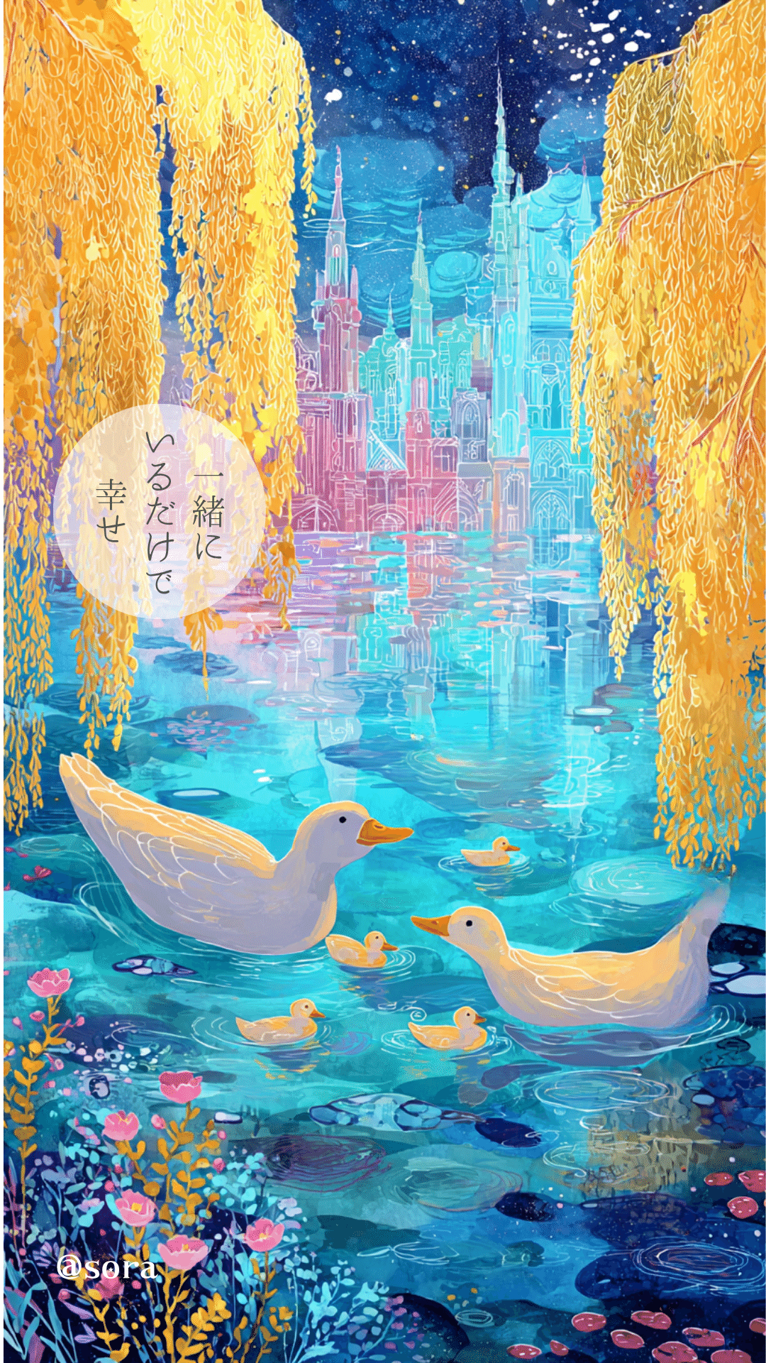 AIアートで描く幻想的な水辺の世界～アヒルの親子と魔法の城～｜藍空