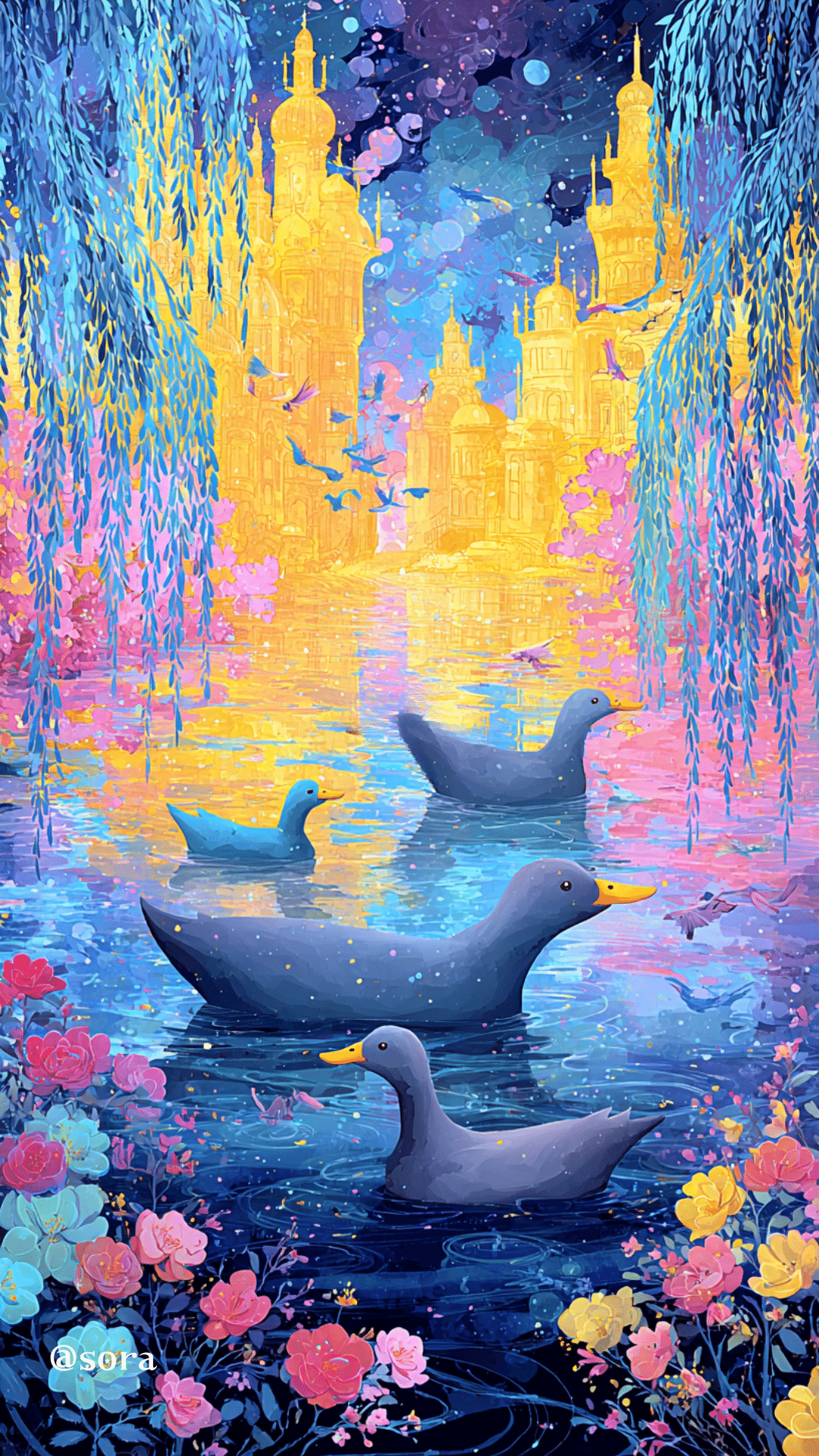 AIアートで描く幻想的な水辺の世界～アヒルの親子と魔法の城～｜藍空