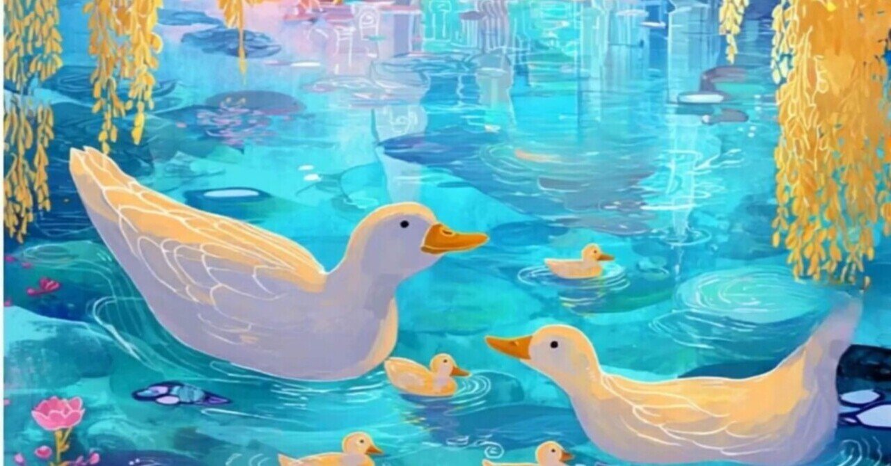 AIアートで描く幻想的な水辺の世界～アヒルの親子と魔法の城～｜藍空