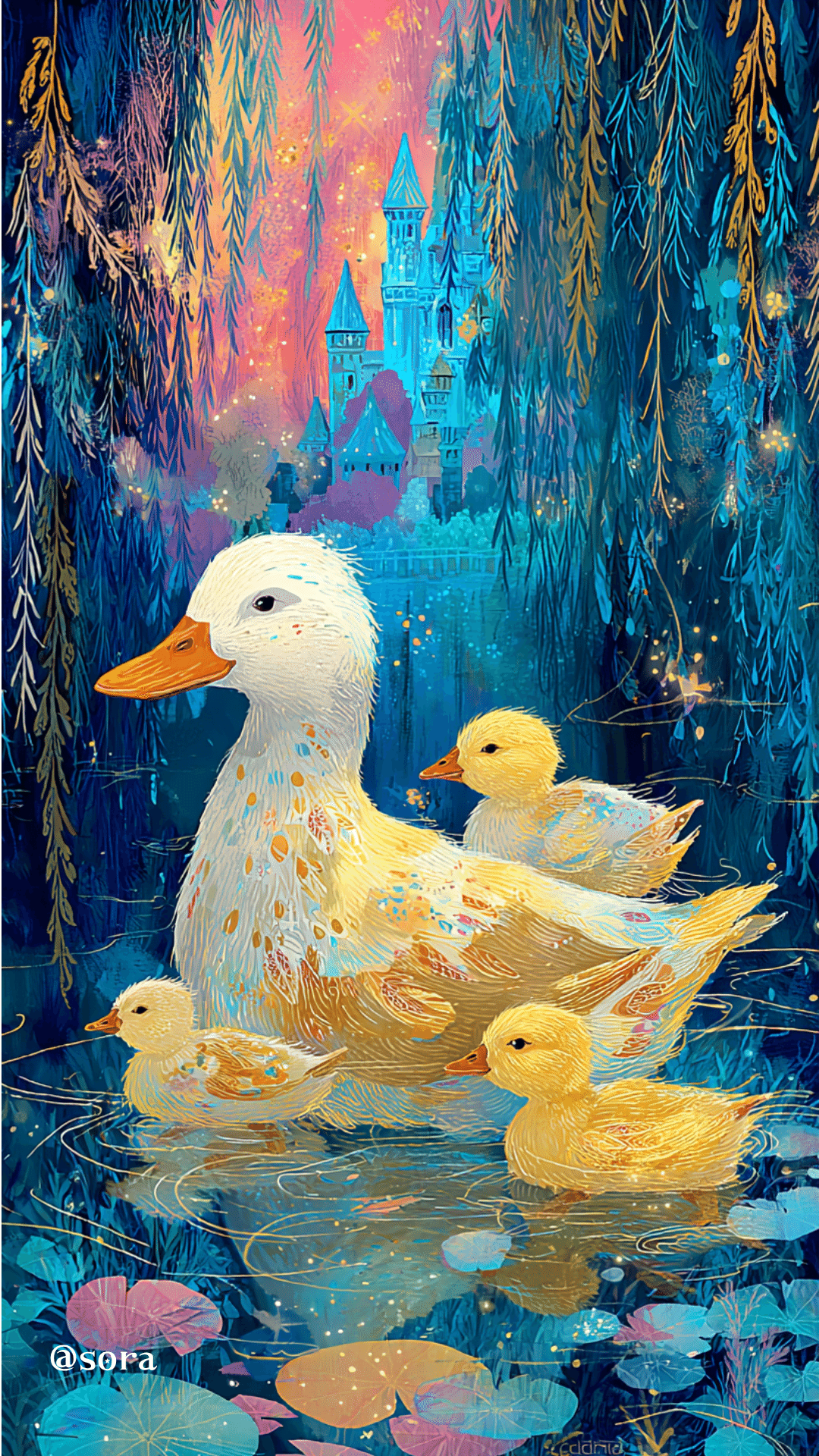 AIアートで描く幻想的な水辺の世界～アヒルの親子と魔法の城～｜藍空