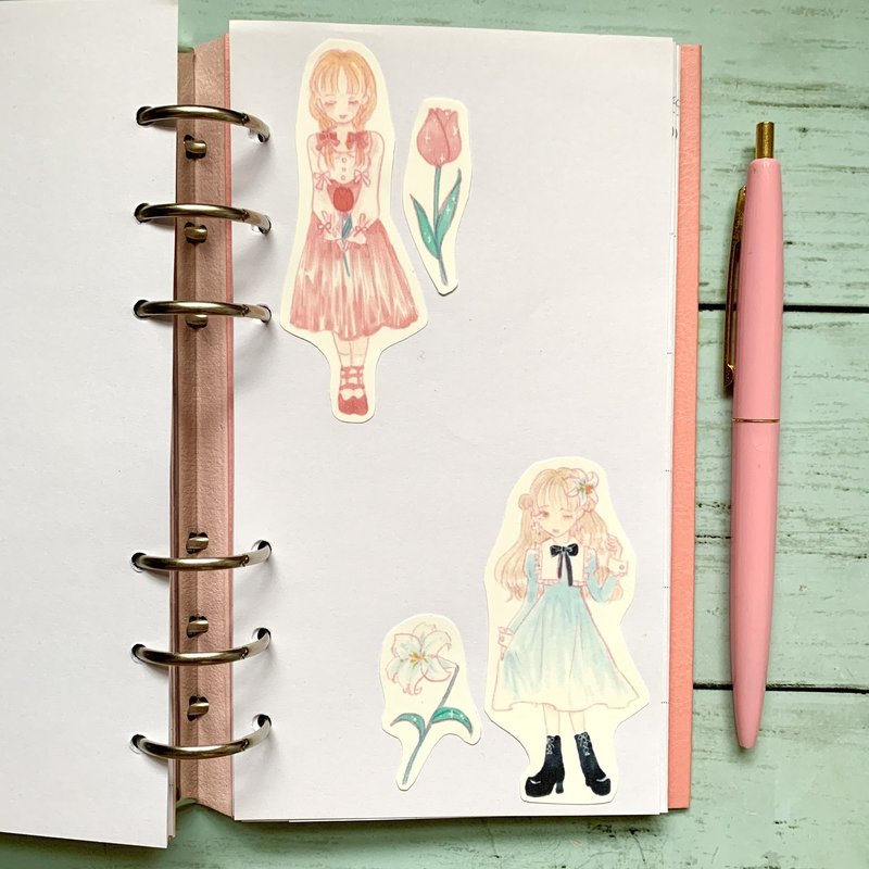 データ 甘かわファッションの女の子とお花のイラストシート 手帳 コラージュなどに にじの ゆに Note