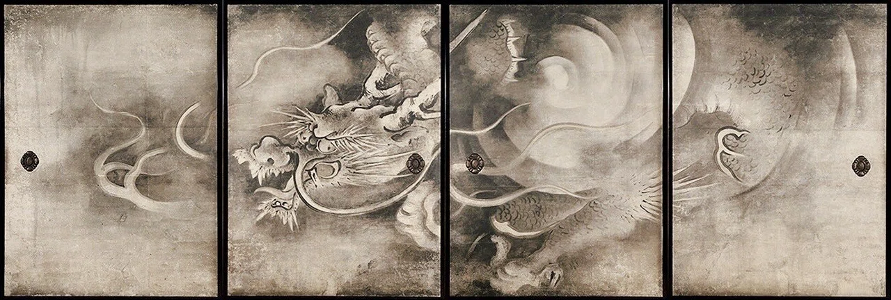 「雲龍図」 双龍対図 額装作品 水墨龍画 日本美術 伝統絵画 建仁寺の阿吽の龍の迫力に圧倒される 「龍をたずねてー」シリーズⅠ