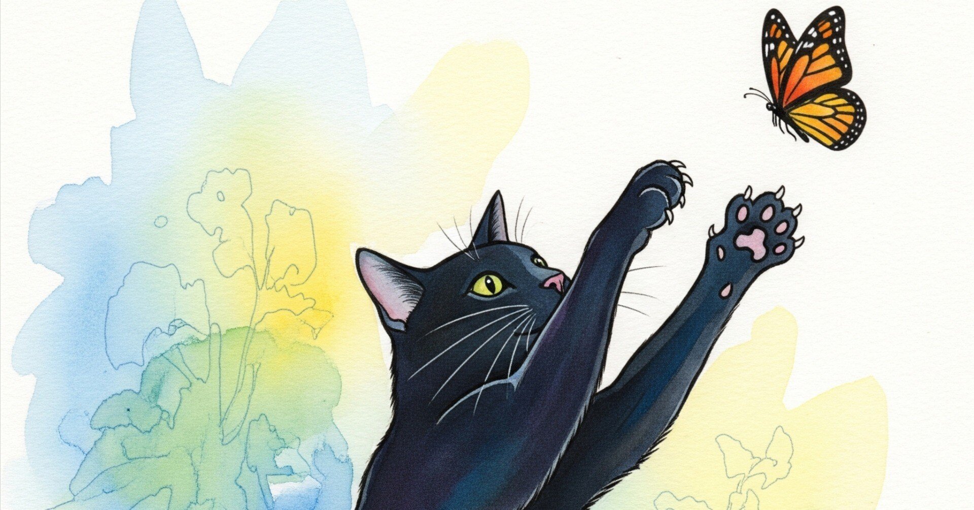 猫が蝶を追いかけるイラストをGeminiに作ってもらいました｜きみどり