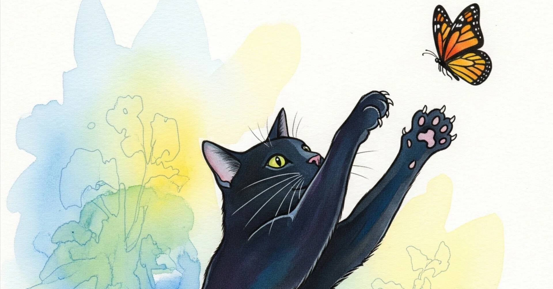 猫が蝶を追いかけるイラストをGeminiに作ってもらいました｜きみどり