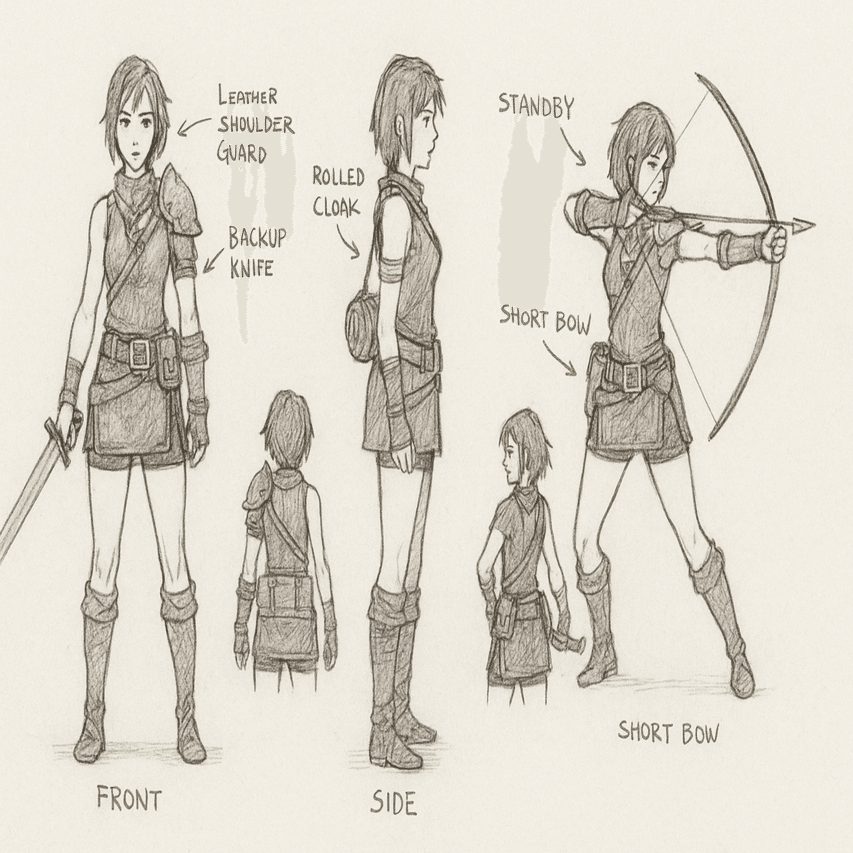 モンハン風だけど😅オリジナル世界を創りたい！女性ハンターの初期装備デザインとラフ画解説」｜daisuke, image size:1280x853