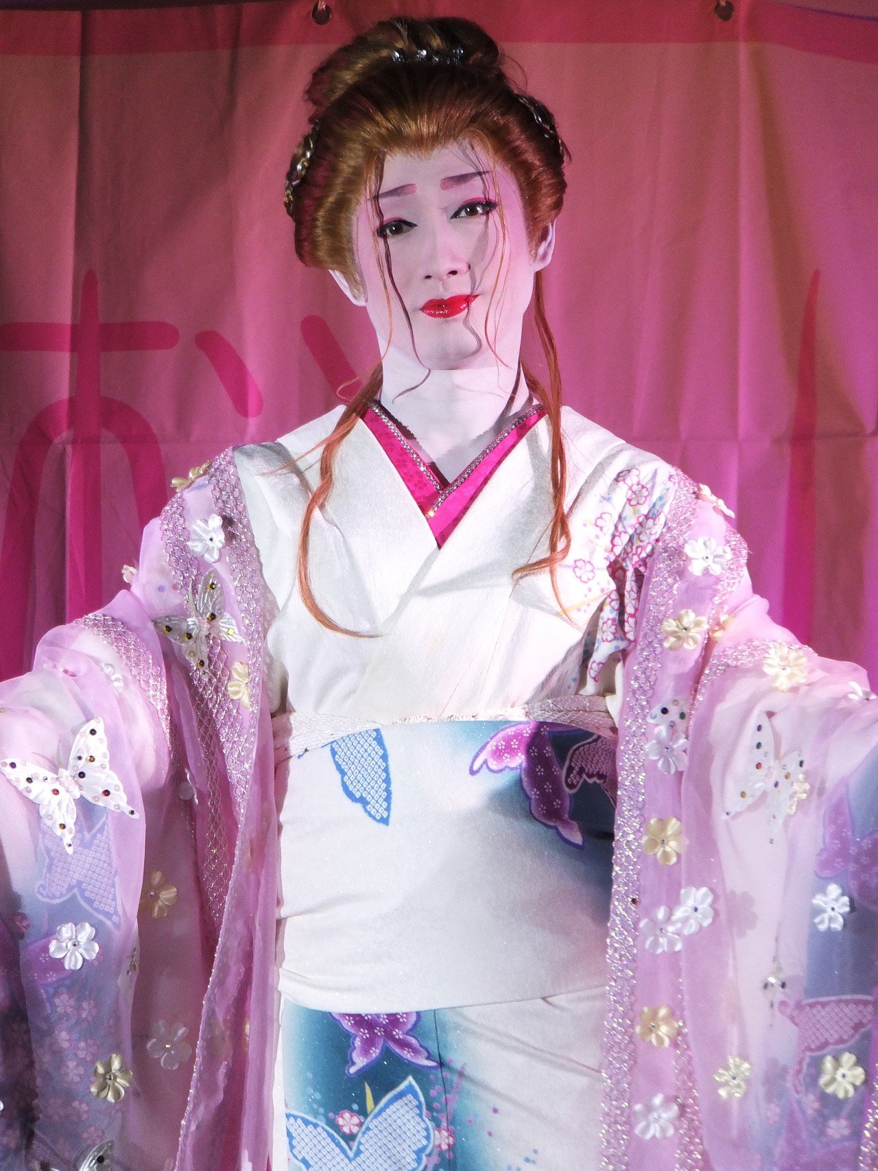 No.24 桃色と空色のタテ染め分け 舞台衣裳　日本舞踊　大衆演劇 笑えますように。翔べますように。｜momo｜桃花舞台