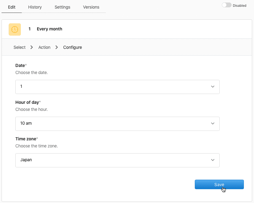 Claris Connectのスケジュールユーティリティ設定画面で実行日時と時間帯を選択